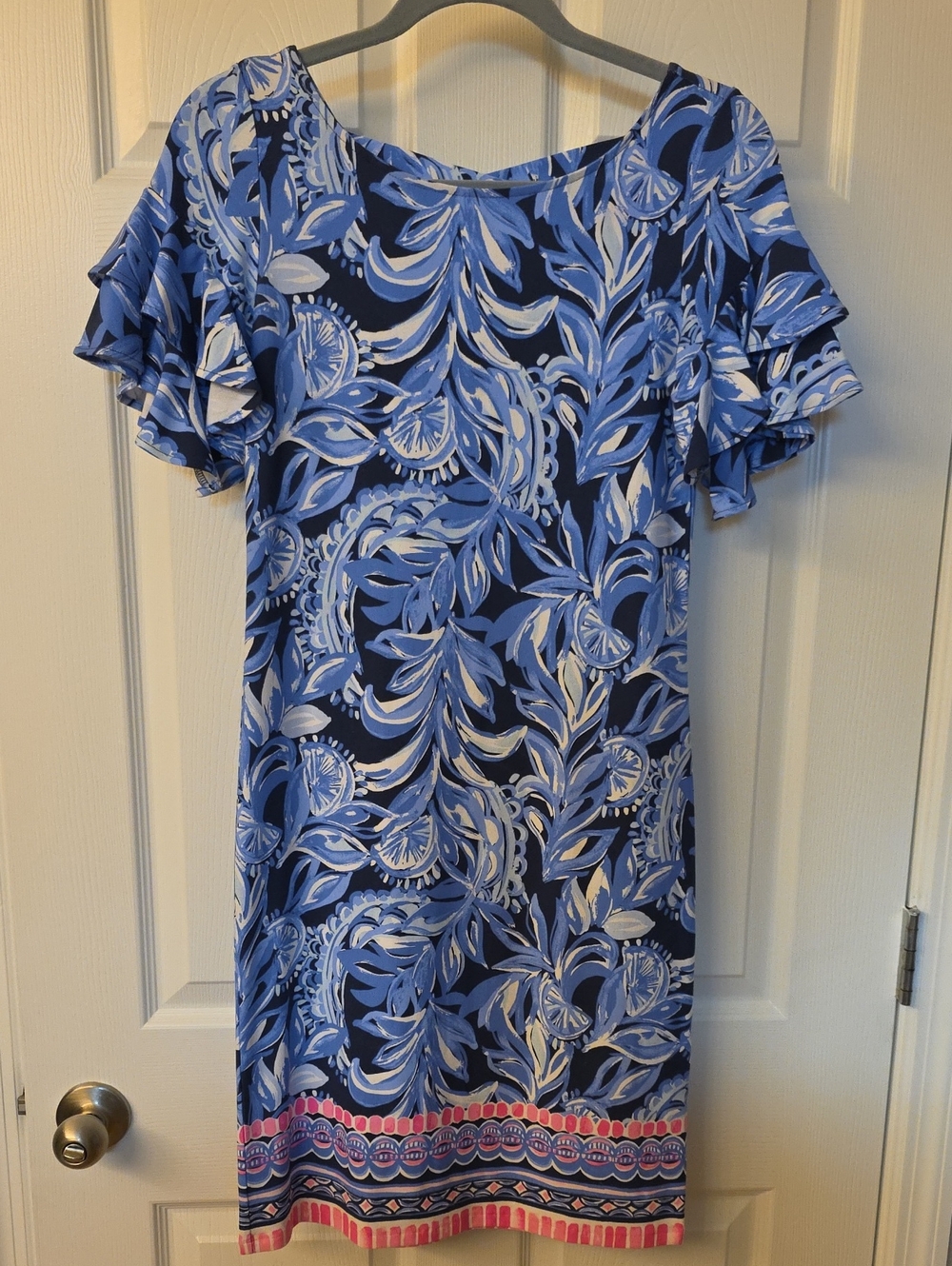 Lilly Pulitzer Floral Blue Ruffle Sleeve Women's Dress With Pink Accents